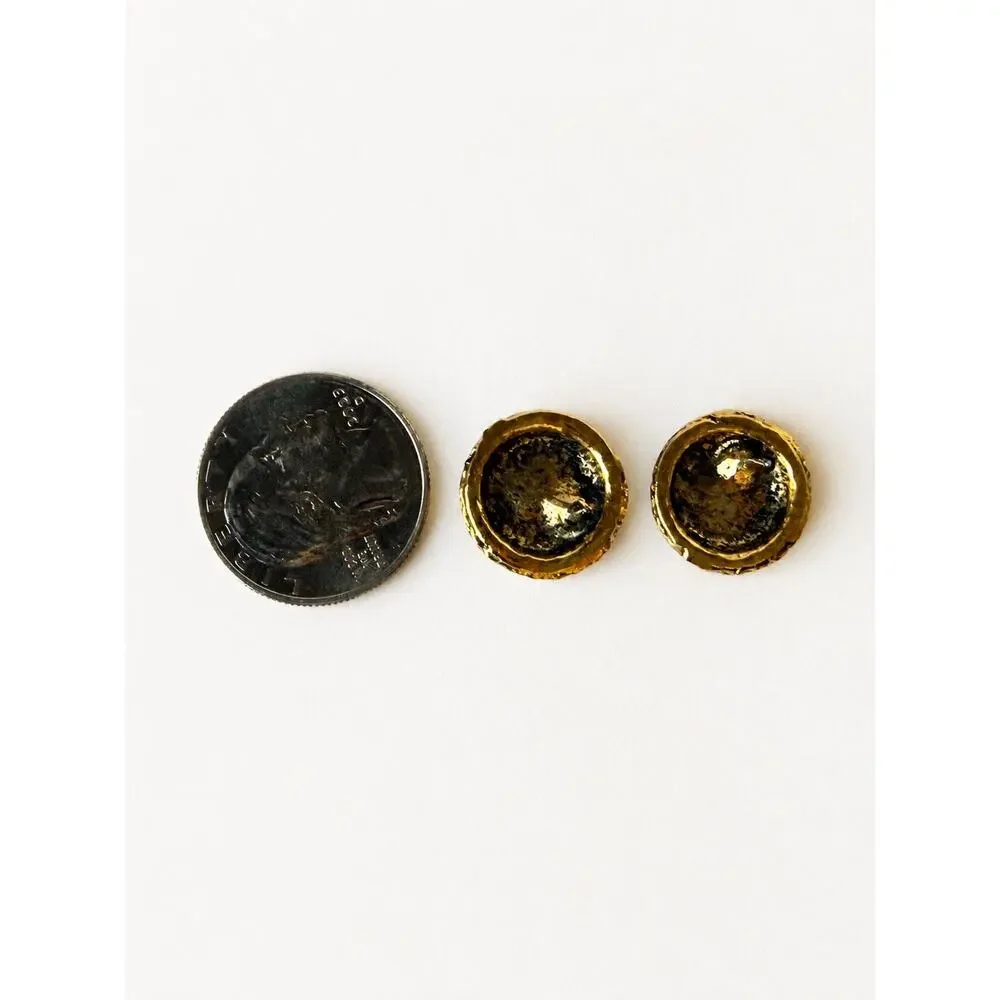 Gold Tone Black Enamel Basketweave Round Stud Earrings Vintage